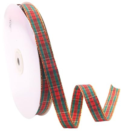 Schleifenbandschleifenband 15mm Rot-Grün Kariert mit Goldkante 45m für Weihnachtsgeschenke, dekoratives Geschenkband für DIY, Bastelprojekte, Weihnachtsbaum und festliche Dekoration
