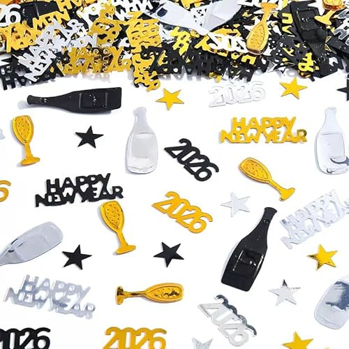 Konfetti Silvester Deko 2026 I 1000 Stück Neujahr Party Konfetti aus PVC mit „2026“, „Happy New Year“, Sternen Motiv I in Gold, Schwarz, Silber I für Silvesterparty