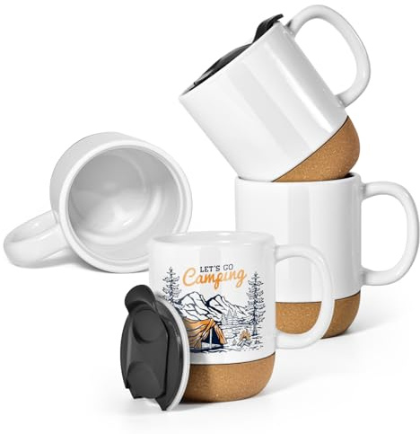 sweet grain Ceramic Mug with Cork Base 4 Packs - Sublimation Coffee Mug with Cool-Touch Handle & Anti-Slip Bottom, 400ml Handmade Tea Cup for Hot & Cold Drinks, Gift for Home & Office, White