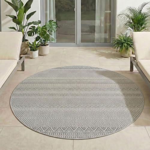 Carpetsale24 Outdoor Teppich Rund 120 cm Grau, Wetterfest UV-beständig, Balkon Terrasse Garten Teppich Indoor Outdoor, Skandi Boho Design Leicht zu Reinigen