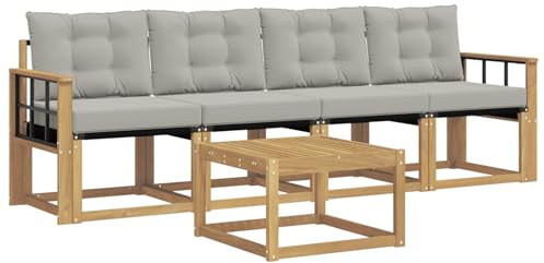 vidaXL Outdoor-Sofagarnitur mit Kissen 5 pcs Weiß und Hellgrau, Garten Sofaset, modernes Wohnmöbel, entspannende Couch für Terrasse und Außenbereich