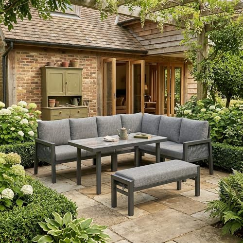 Mrwoo Gartenmöbel-Set für 8 Personen, Outdoor Garten-Essgruppe mit Eckmodul, Verzinktes Eisen, Glastischplatte, handgefertigtes PE-Geflechtseil, Beinhaltet Esstische, Bänke und Sofas (Grau)
