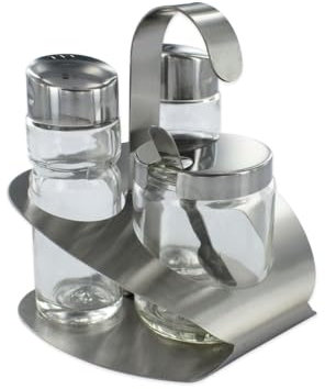 Fackelmann 46652 Ensemble pour sel et poivre et moutarde, set salière et poivrière, moutardier, salière, poivrier, Acier inoxydable, Verre, 8,5 x 3 cm, Inox, Transparent