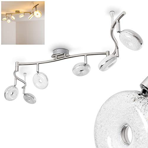 LED Deckenleuchte Donot, längliche Deckenlampe aus Metall in Nickel-matt/Chrom, 6-flammig mit verstellbaren Leuchtenköpfen u. Lichtleisten, 6 x 6 Watt, 3600 Lumen, 3000 Kelvin, Glitzereffekt