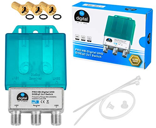1x PRO DiseqC Schalter Switch 2/1 mit Wetterschutzgehäuse HB-DIGITAL 2X SAT LNB 1 x Teilnehmer/Receiver für Full HDTV 3D 4K UHD + 3 x Vergoldete F-Stecker Vergoldet