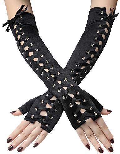 Coucoland Handschuhe Damen Lang mit Senkel Opera Fest Party Halbhandschuhe Damen Fasching Kostüm Accessoires (Schwarz)