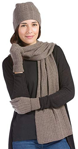 Fishers Finery Damen reines Kaschmir Zopfmuster Mütze Handschuh Schal Set mit Geschenkbox, cappuccino, Eine Größe passt meistens