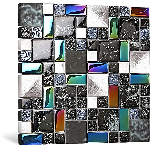 Home Decor Remodeling Glass Metal Tile Black Silver Iridescent Colors Backsplash Kitchen Wall Accent Tiles Wavy Design Bathroom Shower Border Art Mosaic TSTMGB026 (5 Square Feet)