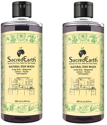 SacredEarth Natural Washing Up Liquid with Soap Nuts, Lemon, Lemongrass, Thyme and Bergamot (500ml, Pack Of 2)