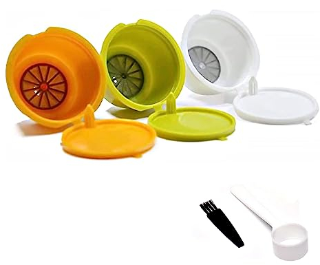 Voarge Lot de 3 capsules de café, filtres à café, capsules réutilisables et rechargeables pour machines à café Dolce Taste + 1 cuillère rechargeable – 1 brosse de nettoyage en cadeau (jaune + blanc +