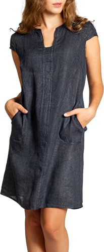 Caspar SKL036 Damen Sommer Leinenkleid mit ausgefallenem Ausschnitt, Farbe:dunkelblau, Größe:S - DE36 UK8 IT40 ES38 US6