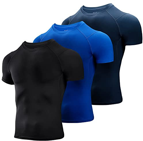 Niksa 3 Pack Compression Tops for Men Short Sleeve Mens Running Top Mesh Design Quick Dry Base Layer Top for Gym Sports Fitness Workout Cycling,Training,Black/Blue/Navy,XL
