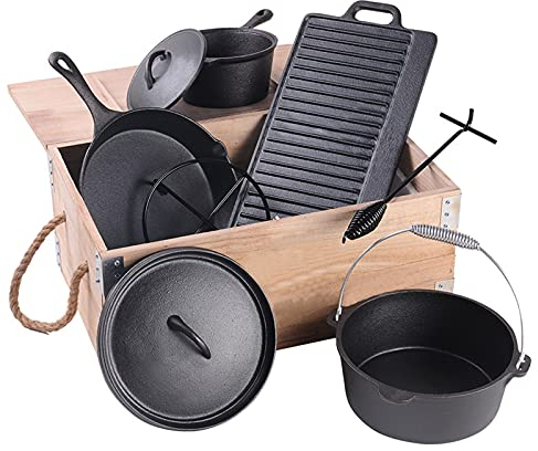 AIZYR Pre-Seasoned Cast Iron Dutch Oven Set Includes Lid - Lid Lifter, Frying Pan, Milk Pan, Baking Tray, Pot Holder, Wooden Box for Camping Cooking (New Year's Gift)