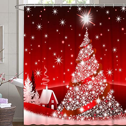 M&W DAS DESIGN Weihnachten Duschvorhang Schnee Haus Textil rot Vorhang weiß Weihnachtsbaum Schimmelresistent Weihnachtsdeko Stern Farbefest inkl. 12 C-Ringe Gewicht unten 180x200cm(BxH)