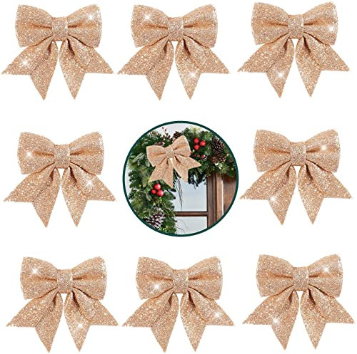 8 fiocchi per albero di Natale glitterati in oro rosa, 14 cm, per decorazioni per albero di Natale, fiocchi per albero di Natale, fiocchi in schiuma per ornamenti per albero di Natale, ghirlande,