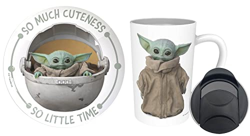 Zak Designs Star Wars The Mandalorian - Juego de taza y plato de cerámica para café, té, desayuno o postre con tapa de taza de viaje (2 piezas, sin BPA, Baby Yoda también conocido como The Child), 17