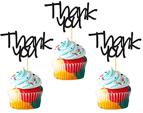 Arthsdite 24pcs Black Glitter Thank You Cupcake Toppers Thank You Cupcake Picks for Birthday Anniversary Thanksgiving Day Wedding Bridal Shower Party Decoration Supplies
