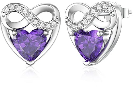 LANBEIDE Februar Geburtsstein Ohrringe, 925 Sterling Silber Unendlichkeit Liebe Herz Ohrstecker Amethyst Ohrringe für Frauen Geburtstagsgeschenke