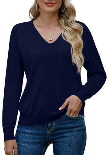 PrinStory Women's Jumpers V Neck Long Sleeve Tops Casual Ladies Sweatshirt Classic Plain Pullover Knit Jumper For Winter Autumn Spring (Navy Blue, XL)