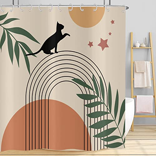 Hnmdmyi Duschvorhang Boho 180x180, Mid Century Abstrakt Schwarz Katze Grün Blatt Bogen Sonne Mond Beige Badewanne Vorhang Modern Minimalistisch Geometrisch Ästhetisch Wasserdicht Stoff Badevorhang