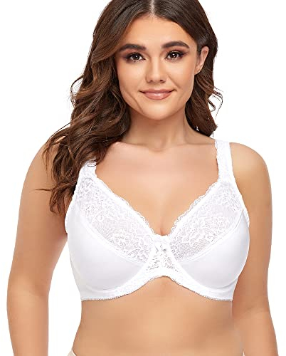 Ayigedu UK Ladies Plus Size Full Coverage Bra Non Padded Underwire Minimizer Bras 46-G White
