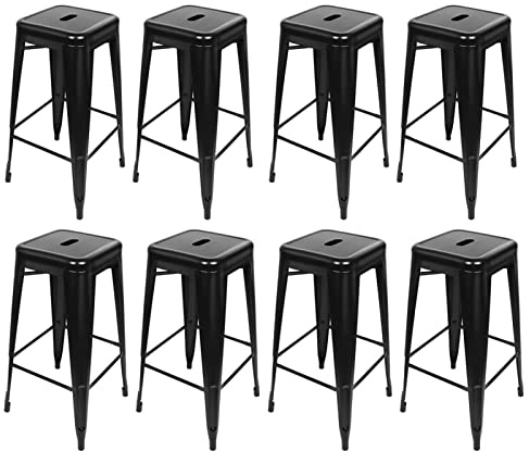 Baiyun Lot de 8 tabourets de bar en métal - En fer industriel - Empilables - Avec repose-pieds - Style rétro - Pour salle à manger, balcon, bistrot - 76 cm - Noir