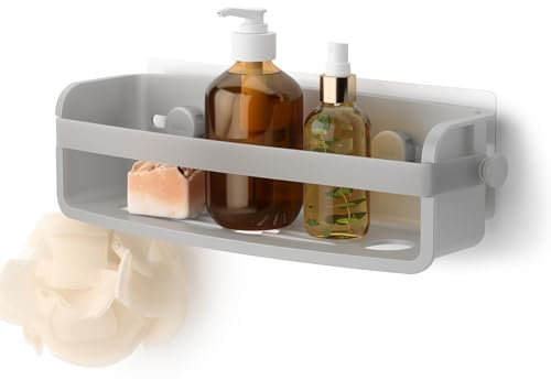 Umbra Flex Duschablage zum Kleben, Rostfreies Duschregal für Shampoo, Conditioner, Duschgel, Seife, Luffaschwamm, Rasierer, ohne Bohren, Rostfrei, Grau