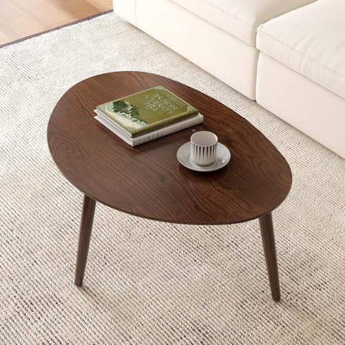 Wayshome Kleiner ovaler Couchtisch, 100 % Massivholz, moderner Couchtisch für Wohnzimmer, Mitteltisch, Beistelltisch, Beistelltische für Zuhause (Walnussholzfarbe, 65 x 44 x 50 cm)