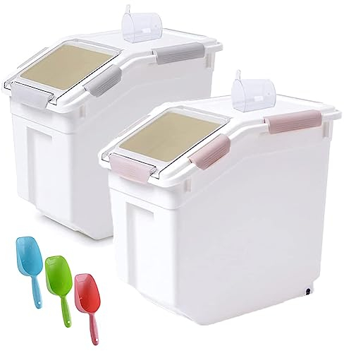 RUIAN Dog Food Storage Container with Scoop,Rice Flour Container on Wheels,Airtight Cat Birds Food Bin Grey & Pink