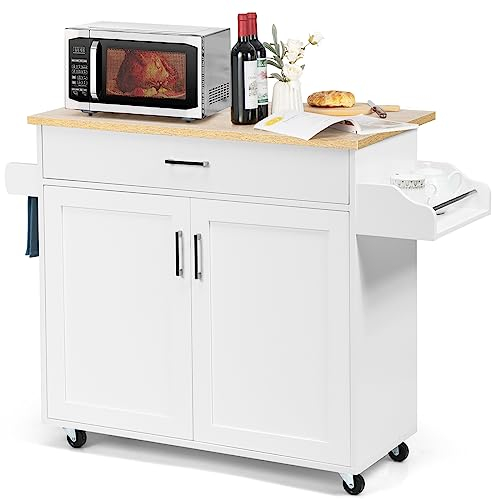 KOMFOTTEU Küchenwagen Servierwagen mit Arbeitsplatte, Küchenschrank Holz mit Rollen, Kücheninsel küchentrolley mit Schublade und verstellbarem Regal, Gewürzregal, Küchenrollwagen 116x40x85cm (Weiß)