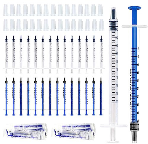 30 Stück 1-ml-Spritzen, Kunststoffspritzen mit Kappen, keine Nadelspritze mit Messung, Kolostrumspritze für Labor, Haustierfütterung, Pflanzenbewässerung, Flüssigkeitsmessung (blau + weiß)