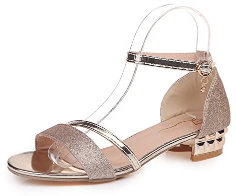 OALEEN Chaussures Sandales Femme Eté Confortable Petit Talon Carré Nu-pieds Bout Ouvert Strass Bride Cheville Mariage Soirée Doré 41