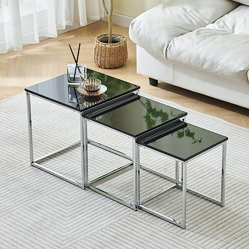 NICEME Verschachtelte Tische 3er-Set, 3-teilig, quadratischer Beistelltisch für Wohnzimmer, Hochglanz-Couchtisch (reines Schwarz)