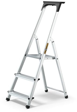 DRABEST Aluleiter mit Ablage, Stehleiter 3 Stufen, Trittleiter bis 125 kg, Haushaltleiter, Klapptrittleiter (3 Stufen)