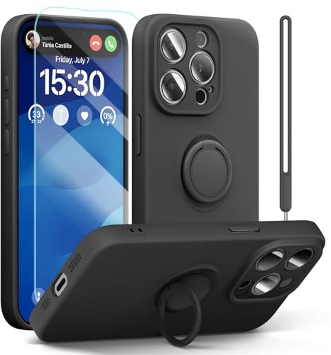 pcgaga Silicone Phone Case for iPhone 15 Pro Max with Screen Protector [Ring Holder Stand] [Wrist Strap] [Microfiber Lining] Slim Shockproof Protective Cover, 6.7, Black