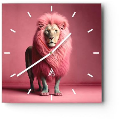 Modern Wanduhr Löwe Avantgarde Mädchenhaft 30x30cm Quadrat Klein Wand Uhr Glas Analog Zimmeruhren Küche Büro Wohnzimmer Glasuhr Wall Clock Dekoration Design Wanddekoration Küchenuhr C3AC30x30-5714