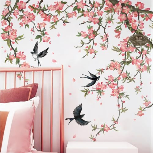 Runtoo Wandtattoo Baum Ast Wandsticker Vögel Hängende Blumen Rosa Wandaufkleber Schlafzimmer Wohnzimmer Babyzimmer Flur Wanddeko