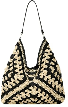 Hobo-Taschen für Damen aus Stroh, Vintage-Umhängetasche, Tragetasche, Designer-Strandtasche, Urlaub, Arbeit, Alltag, Sommer, Schwarz, Einheitsgröße