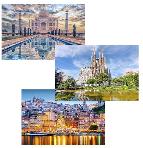 MISITU Mini Puzzle für Erwachsene Kleine Puzzle 150 Teile für Kinder über 14 Jahre (Taj Mahal, Porto, Kathedrale Sagrada Familia),3er-Pack