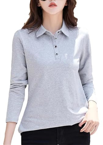 Women's Basic Long Sleeve T Shirt Cotton Polo Collar T- Shirt Button Casual Formal Work Top gray9 L