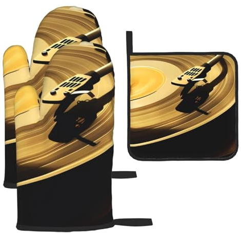 Vinyl Records Print Oven Mitts And Pot Holders Sets Of 3 Heat Resistant Oven Glove And Hot Pads Waterproof Cooking Glove Kitchen Potholder For Chef Baking Grilling Bbq