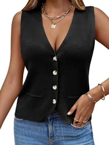 Saodimallsu Gilet sans manches en tricot avec col en V et boutons pour femme
