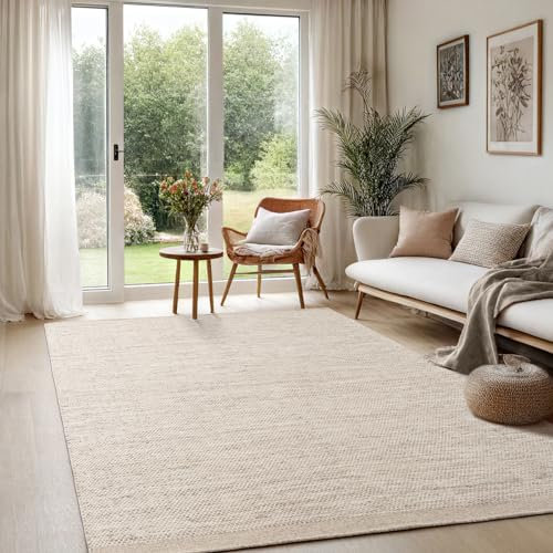 the carpet Deluxe Wool Handgewebter Wollteppich im natürlichen skandinavischen Boho-Look, Handarbeit für einen einzigartigen Stil, Taupe, 120 x 170 cm