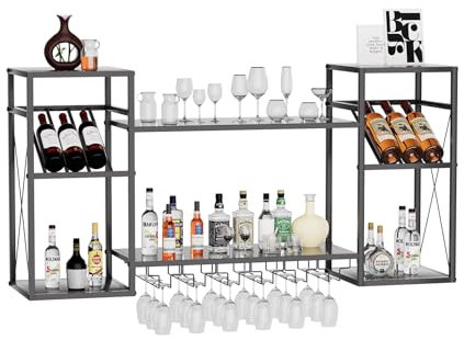 uyoyous Metall Wand Weinregal mit Glashalter Lagerung, Schwimmende Schnaps Regale 2 Tier, Wand Bar Regal Wein Display Storage Holder für Küche Esszimmer Bar (schwarz)