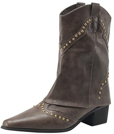 liaddkv Damen Cowboystiefel Lederimitat, Chelsea-Stiefel Mit Nieten Kunstleder Westernstiefel Halbhohe Motorradstiefel Kurzschaft Biker Boots Pu-Leder Stiefeletten Spitzzehe Ritterstiefel