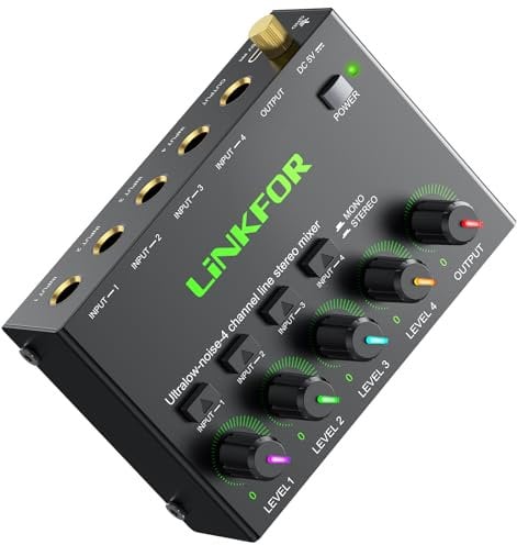 LiNKFOR Mini Mezclador de Audio 4 Canales,Mesa de mezclas 6.35mm con Teclas de Volumen Iluminadas,Cable 6.35mm,Adaptador de 3.5mm a 6.35mm,Mezcla de Audio Portátil para DJ,Karaoke