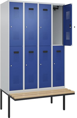 kaiserkraft | Doppelstock-Spind Evolo Plus Sitzbank | 4 Abteile | lichtgrau/enzianblau | B 1200 mm | Zylinderschloss | mit auskragender Sitzbank | Buche