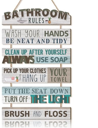 KAIRNE Bathroom Decorations,Blue Bathroom Rules Wooden Sign for Toilet,Wash Your Hands Brush Your Teeth Rustic Hanging Wood Plauqe