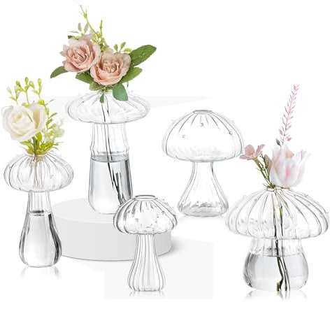 ZhouZGlass Mushroom Flower Vase, Cute Small Flower Vase Set, Small Bud Flower Vases Unique, Mushroom Propagation Hydroponic Vases, Funky Cottagecore Decor for Home Room (Clear, 5 Pcs)