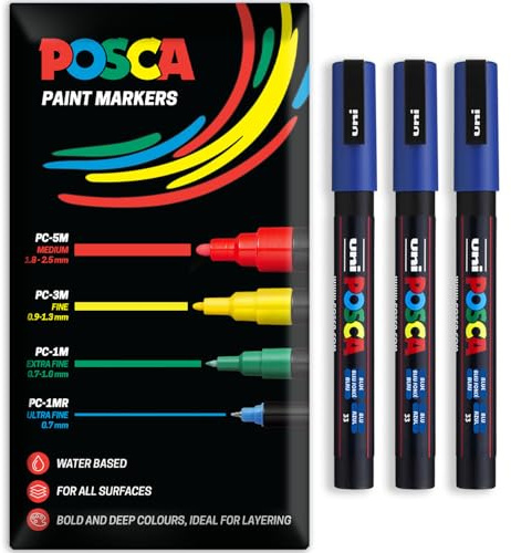 Posca Water Based Acrylic Paint Marker Pens | Multi Surface Use Permanent Paint Pen | Pack of 3 Pens in Envelope Gift Packaging | Glass, Fabric, Canvas, Wood etc | PC-3M, Blue
